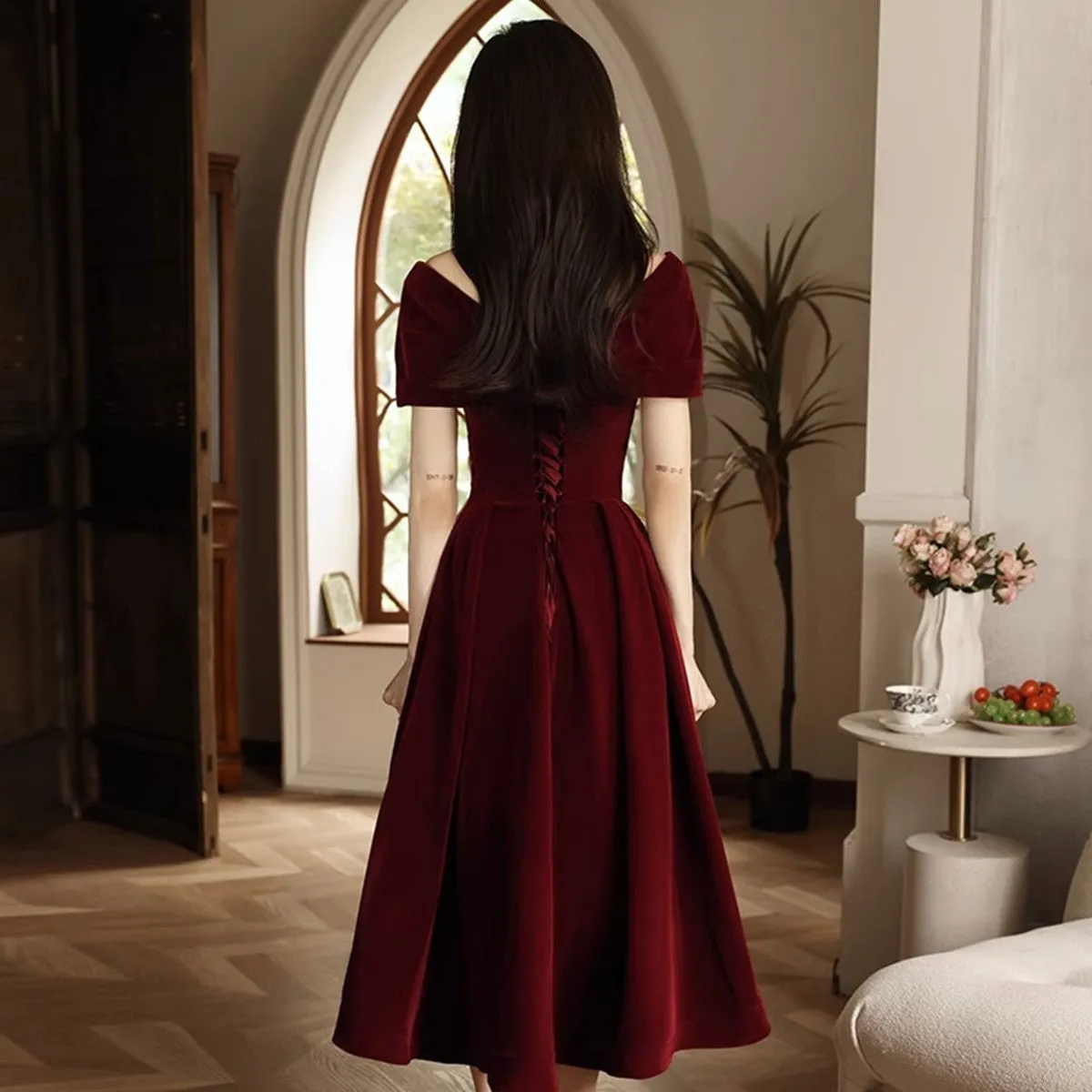 Wine Red Velvet Chic Tea Length, Wine Red Off Shoulder Wedding Party Dress