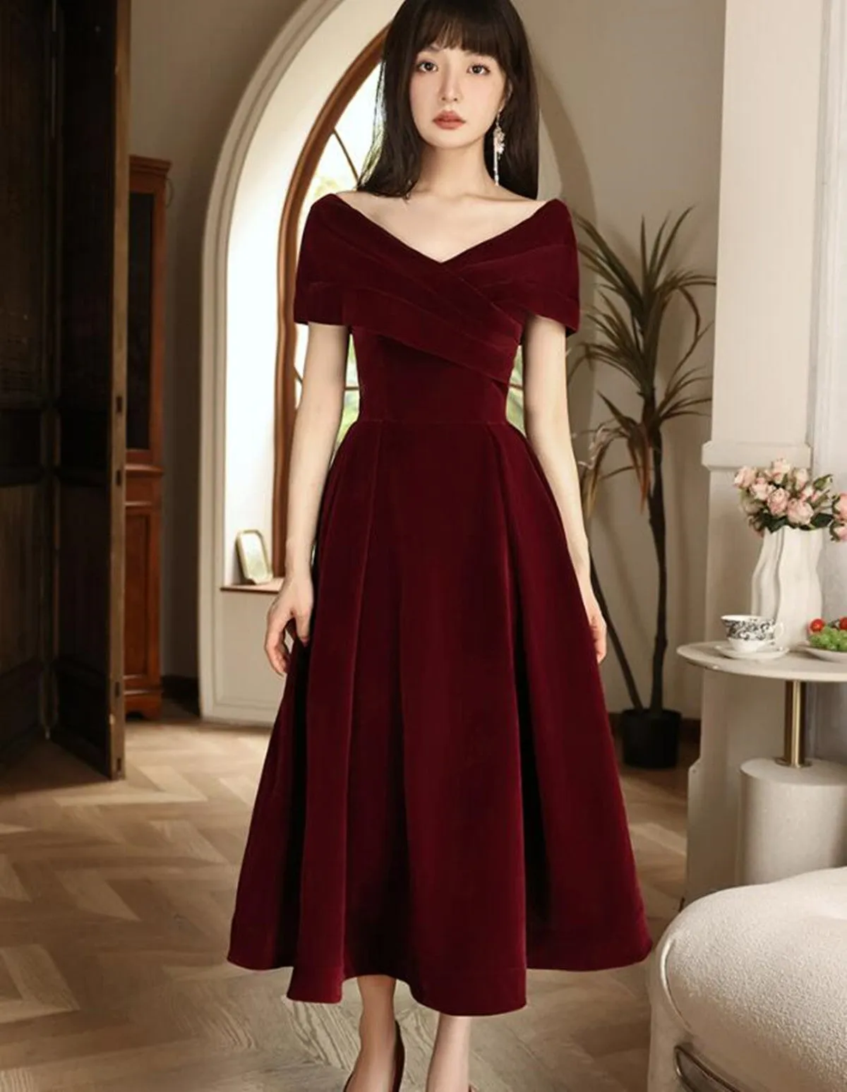 Wine Red Velvet Chic Tea Length, Wine Red Off Shoulder Wedding Party Dress