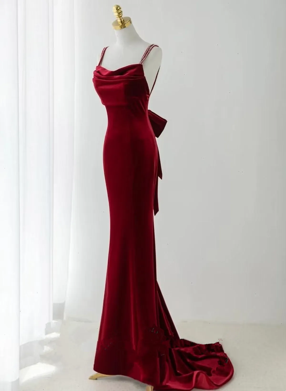 Wine Red Velvet Low Back Straps Long Party Dress Wine Red Wedding Party Dress