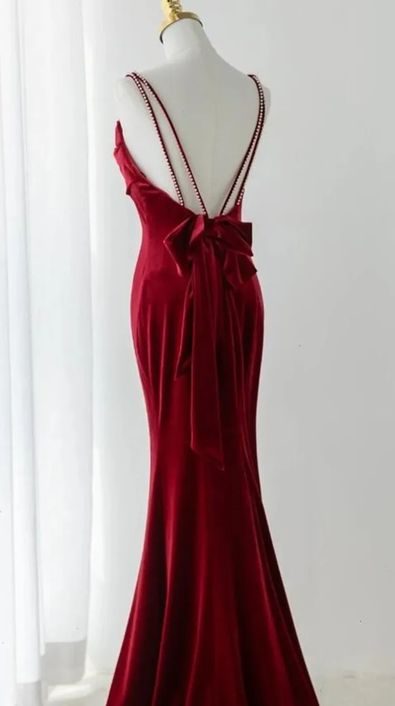 Wine Red Velvet Low Back Straps Long Party Dress Wine Red Wedding Party Dress