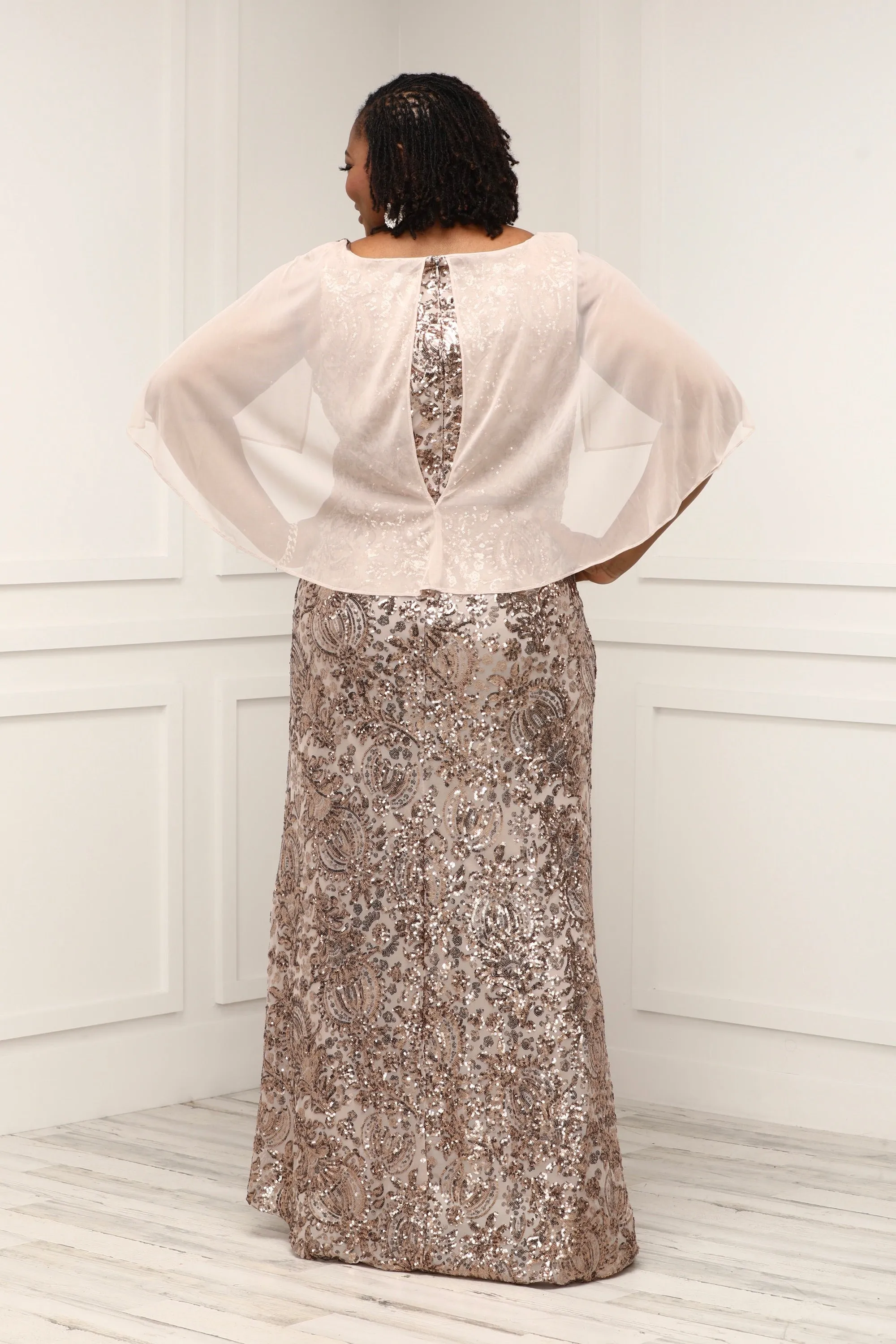 Women All Over Sequin Capelet Fishtail  Gown - Champagne