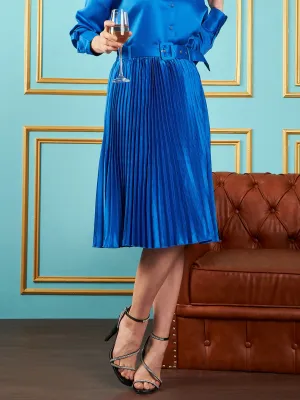 Women Royal Blue Satin Pleated Midi Skirt