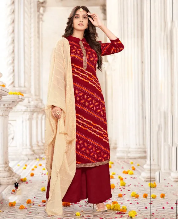 Women's Maroon Unstitched Salwar Suit Dress Material with Embroidery